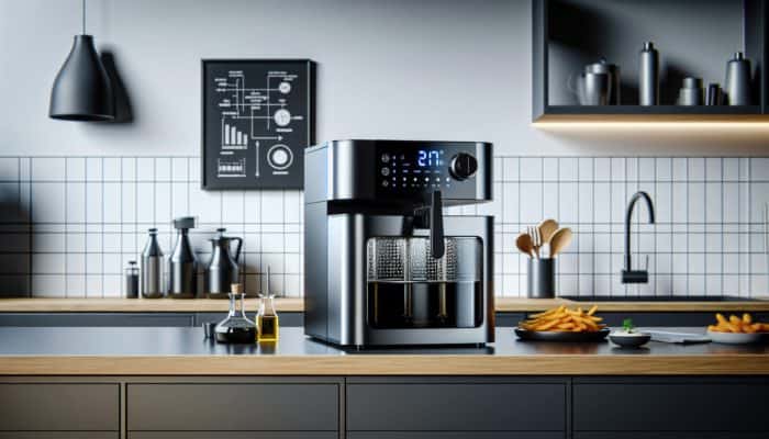 A modern deep fryer featuring oil filtration, a splatter shield, a non-stick surface, and precise temperature controls.