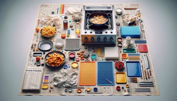 A kitchen scene showcasing a deep frying setup with protective coverings like newspaper, silicone mats, old towels, and baking sheets to catch oil splatters, ensuring a clean workspace.