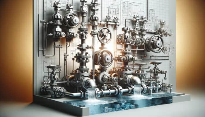 Cross-section of modern plumbing system with water valves controlling flow in residential and commercial settings.