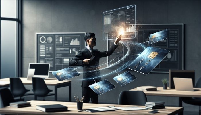 How Balance Transfers Compare to Consolidation Loans: Person consolidating credit card debts into one card with lower interest rate in a minimalist office.