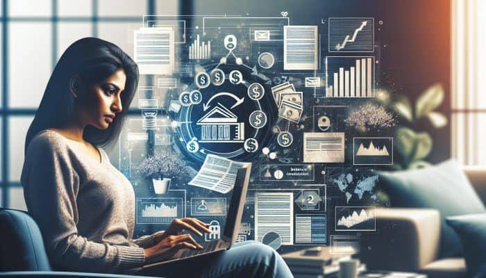 Person using laptop with debt repayment calculator, surrounded by documents and graphs, exploring debt management strategies.