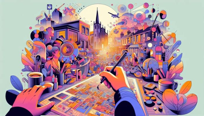 A local Sherborne designer creating a culturally rich website, collaborating with small business owners in a community setting.