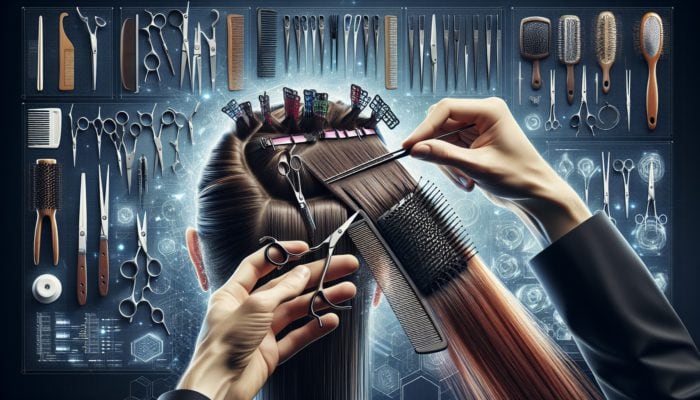 A hairstylist sectioning hair into segments using clips and a comb in a salon.