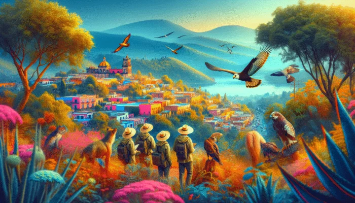 A vibrant San Miguel de Allende landscape with experts guiding a wildlife tour, featuring exotic birds and local fauna.