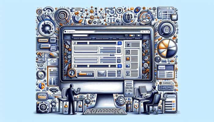 On-Page SEO in Plymouth for Small Business: A computer screen showing a website with SEO elements highlighted and surrounded by search engine and user engagement icons.