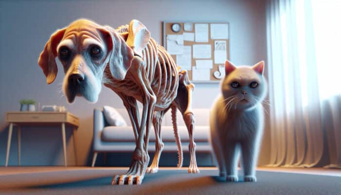 An elderly dog and cat showing signs of aging, in a cozy room.