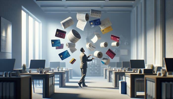 Debt Consolidation Loans With Tiered Repayments: Person consolidating multiple credit cards and loans into one document in a modern UK office, symbolizing financial relief.