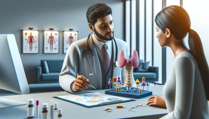 A doctor explains thyroid test results to a patient using charts in a modern Wolverhampton clinic.