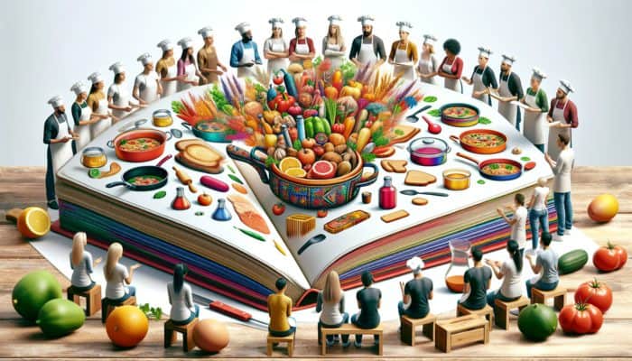 Cozy kitchen scene with novice cooks learning easy recipes from expert chefs using an illustrated book.