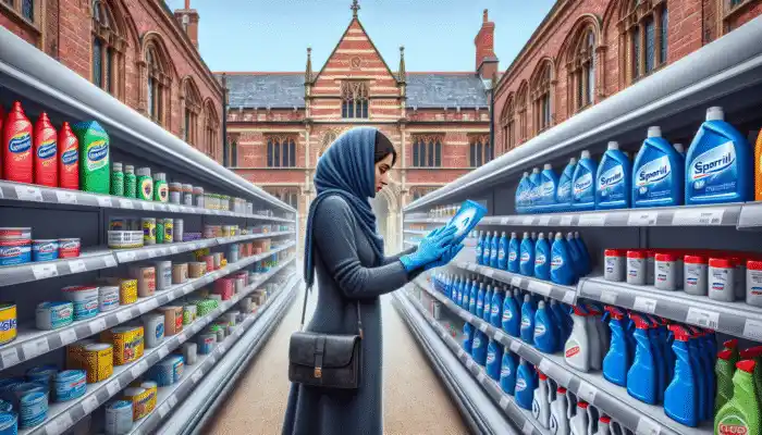 Shopper selecting nitrile gloves in Warwick supermarket, near cleaning supplies, Tesco and Sainsbury's logos visible.