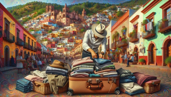 Traveler packing suitcase with layered clothing, including lightweight fabrics and jacket, against San Miguel de Allende's colorful architecture.