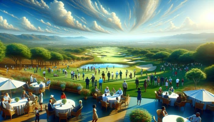 A diverse group socializing and playing golf at a South African club, fostering community under a clear sky.