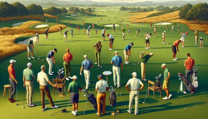 South African golf club scene with diverse golfers practicing, coached, and competing under mentor guidance.