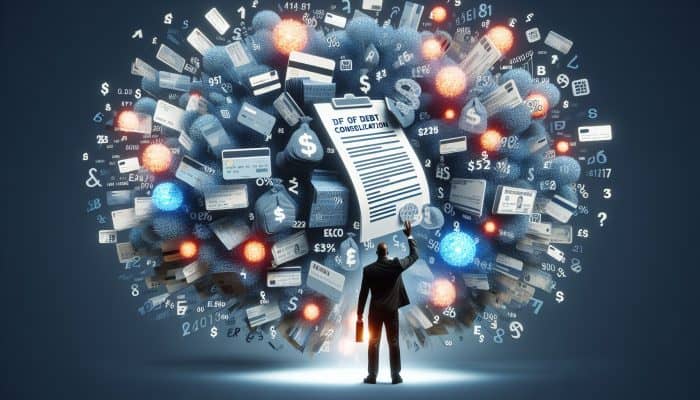 How to Use Debt Consolidation for Long-Term Gain: Person consolidating various debts into one manageable loan, symbolizing financial relief.