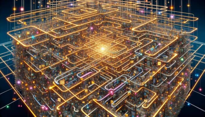 How to Fix Redirect Chains: A complex digital maze with glowing URL paths representing redirect chains, leading to a final URL, with frustrated users and search engine bots navigating through it.