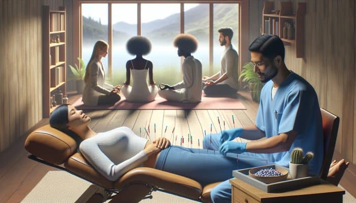 A serene therapy room with a patient receiving acupuncture, engaging in CBT, with a counselor and a mindfulness group visible, symbolizing integrated treatment for alcohol dependency.