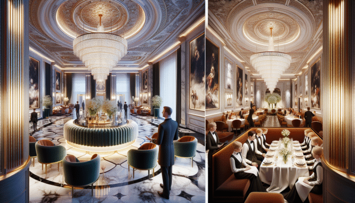 Elegant lobby with marble floors and crystal chandeliers; staff in uniforms; guests dining in lavish room.