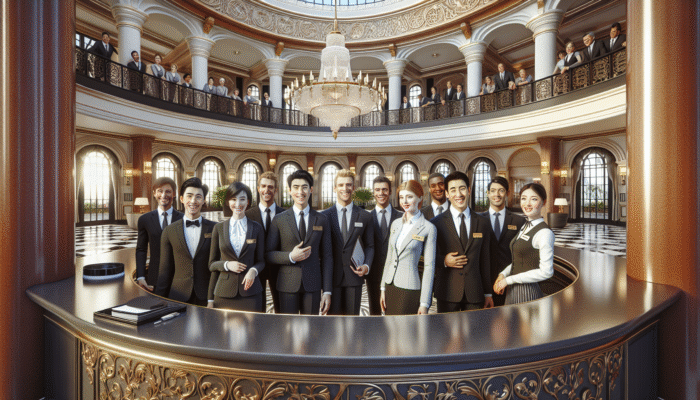 Elegant hotel lobby with smiling staff greeting diverse guests, enhancing the guest experience.