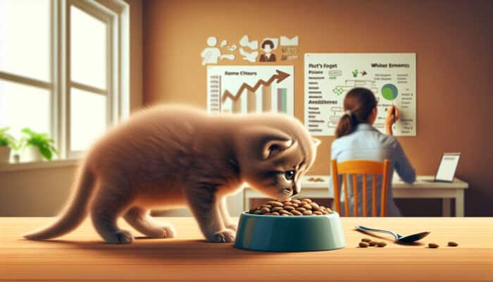 A kitten transitioning to solid food, symbolizing growth and independence.