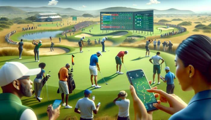 Best Golf Apps for Tournament Play: South African golfers using mobile apps for real-time scores and leaderboards on lush greens under sunny skies.