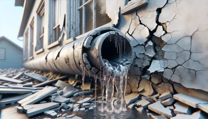 A cracked Poly B pipe leaking water against damaged walls, illustrating failure and repair costs.