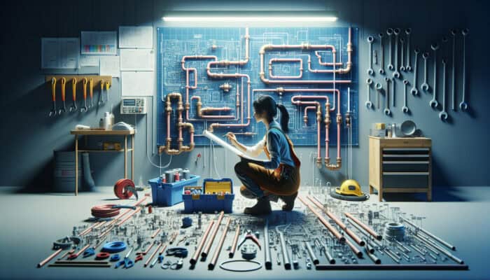 A plumber assesses Poly B piping, preparing for replacement in a well-organized workspace.