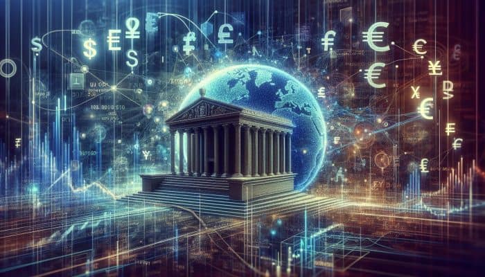 How Global Markets Shape Consolidation Loans: Global financial market scene with interconnected lines, Bank of England adjusting UK interest rates amidst world currencies.