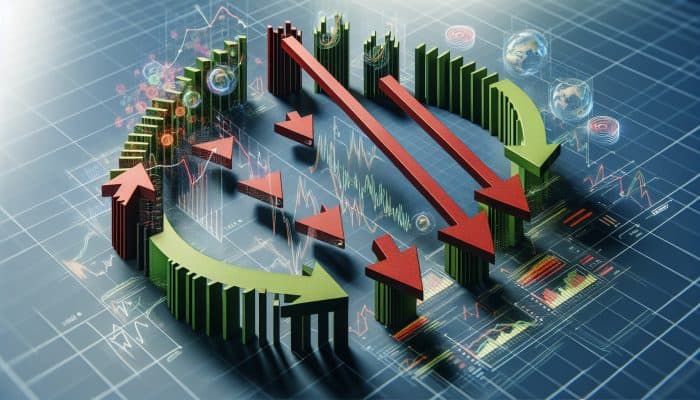 Graph illustrating economic cycles' impact on UK loan availability; green arrows up for growth, red arrows down for downturns.