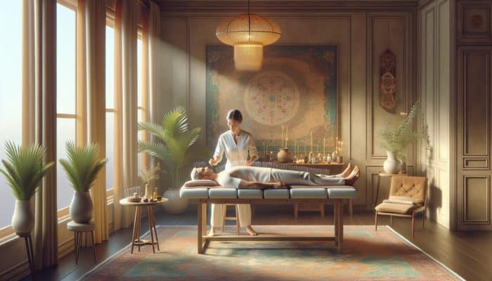 Acupuncture session for posture correction with needles and an acupuncturist adjusting treatment in a calm setting.