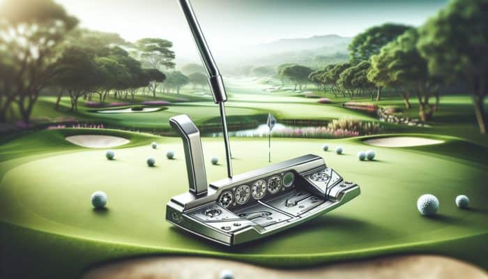 A modern putter with adjustable weights and advanced alignment on a lush golf course, showcasing design innovation.