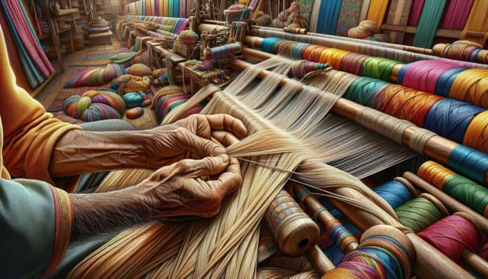 Hands weaving raffia blonde with dyed threads in a textile workshop.