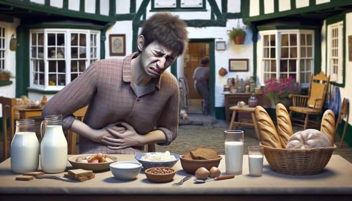 Food Intolerance Blood Test in Aldershot: Person experiencing bloating and pain at a table with dairy, gluten, nuts, in a UK kitchen, looking uncomfortable and confused.