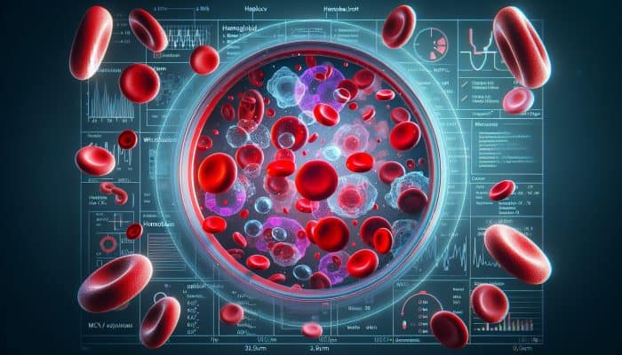 Full Blood Count Test in Blyth: Microscopic blood sample showing labeled red and white cells, platelets, and key blood count measurements.