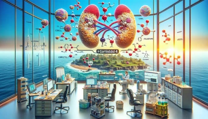 Cortisol Blood Test in Folkestone: A cortisol blood test in a Folkestone clinic, showing adrenal glands and cortisol molecules, with Addison's and Cushing's conditions.