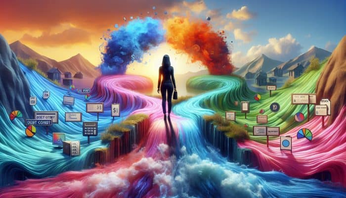 Does Debt Consolidation Ruin Your Credit: A person merging colorful debt streams into a clear river, symbolizing debt consolidation and financial relief.