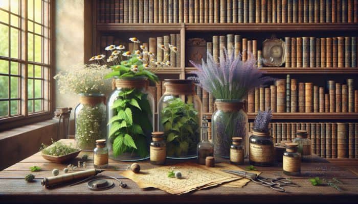 Ancient apothecary with jars of nettle, chamomile, lavender, and old herbal texts for skin vitality and calming effects.