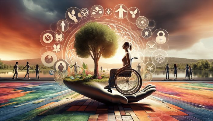 A woman with a disability in a serene, inclusive community, surrounded by symbols of holistic well-being.