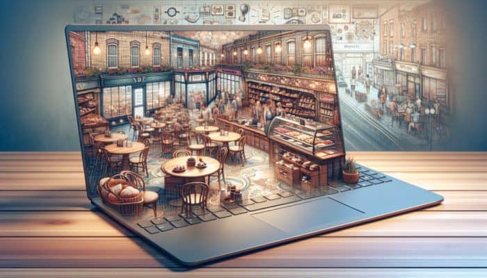 Blog Writing in Weymouth for Small Business: A Weymouth café and retail store with a laptop displaying a vibrant blog, enhancing SEO and customer connection.