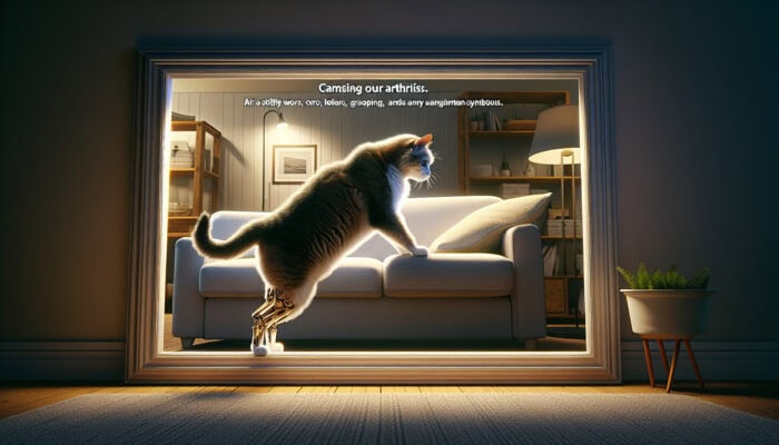Elderly cat with arthritis struggling to jump onto couch, showing stiffness and discomfort in a cozy living room.