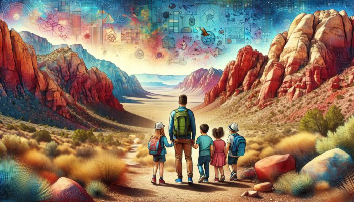 Family hiking Red Rock Canyon, exploring vibrant trails and nature's wonders.