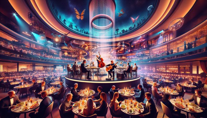 A gourmet meal in a Las Vegas restaurant with live entertainment including a guitarist, magic shows, and a grand orchestra.