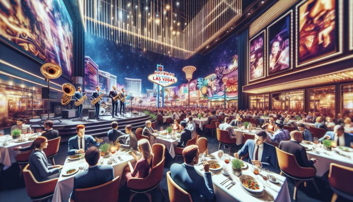 A bustling Las Vegas restaurant at night with patrons enjoying a gourmet meal and live jazz music.