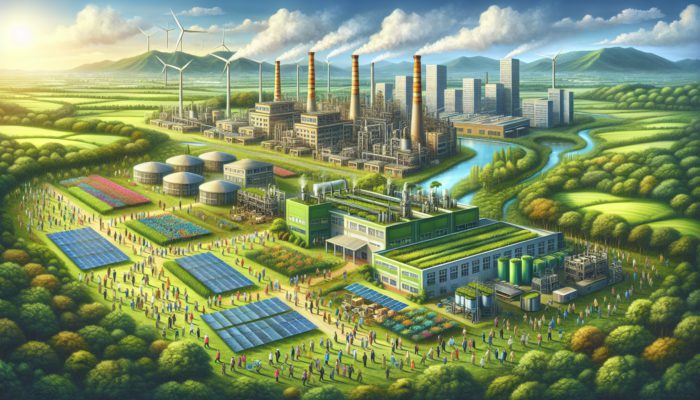 Diverse workers in eco-friendly factories with greenery, symbolizing ethical sourcing and corporate sustainability commitment.