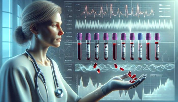 Menopause Blood Test in Cramlington: A woman undergoing a menopause blood test with vials labeled FSH and estrogen, hormonal graphs, and symptoms depicted.