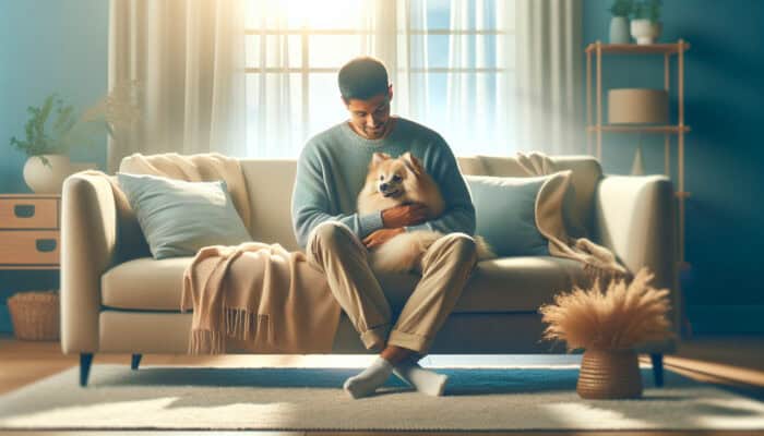 A person cuddling a fluffy dog on a couch, showcasing stress relief through oxytocin.