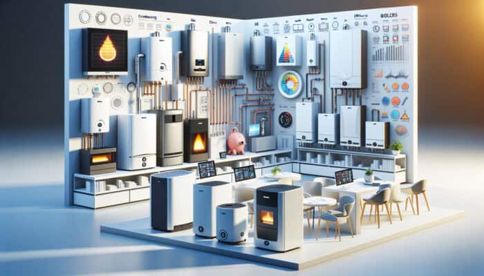 Boiler Services in Ladner Delta: A showroom in Ladner, Delta displaying various modern boilers with labels and efficiency ratings.