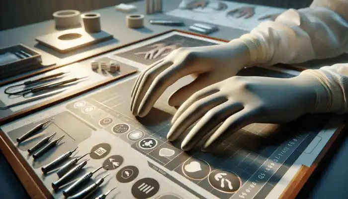 Latex Gloves in Alnwick: Hands wearing flexible, elastic latex gloves, utilized in medical, dental, and industrial settings.