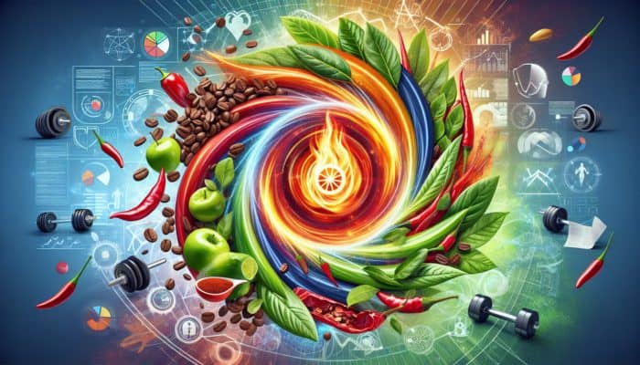 Science of Fat-Burning Supplements: A vibrant mix of fat-burning ingredients swirling around a glowing metabolic symbol on a fitness-themed background.