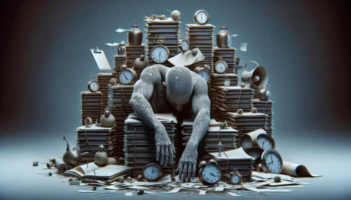 A person overwhelmed by work and time, depicting burnout's exhaustion.