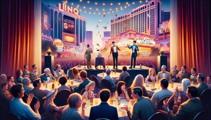 A vibrant magic show at The LINQ Hotel, Las Vegas, with diverse magicians entertaining all ages.